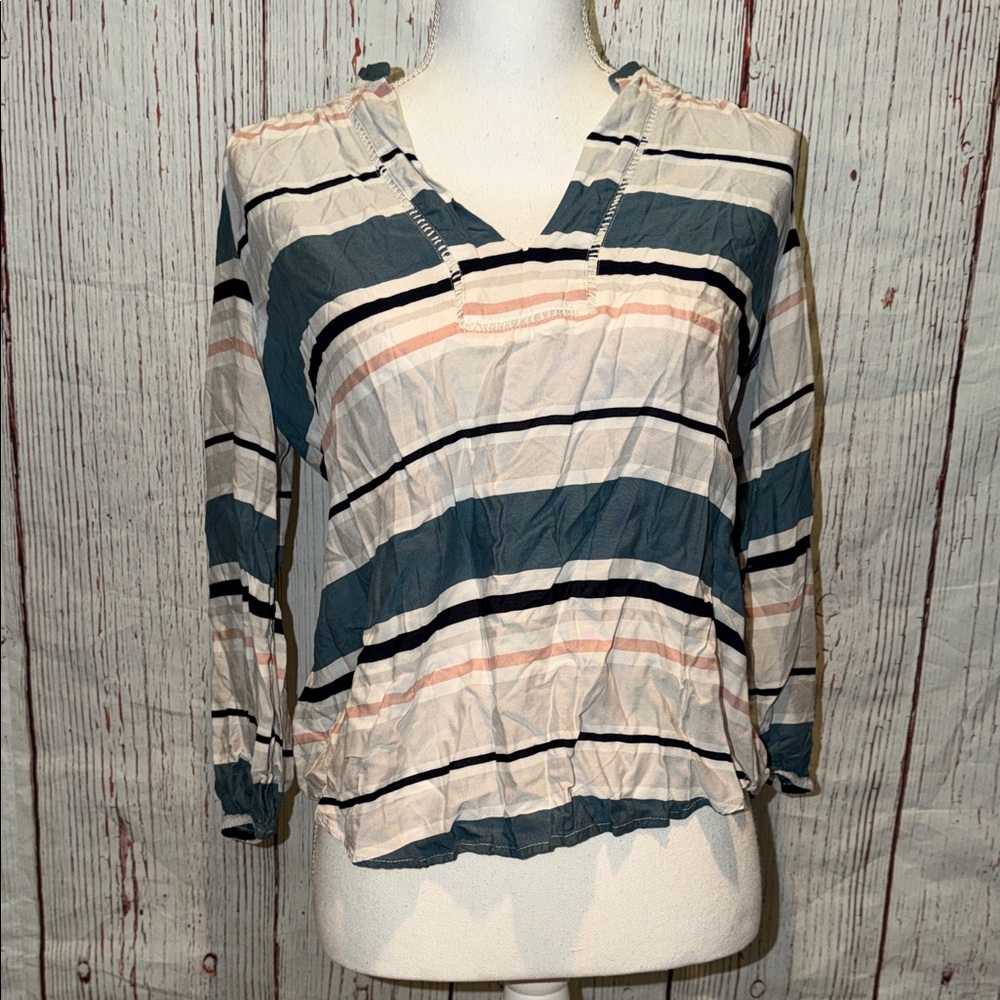 LOFT Striped Blouse - Teal and Cream
